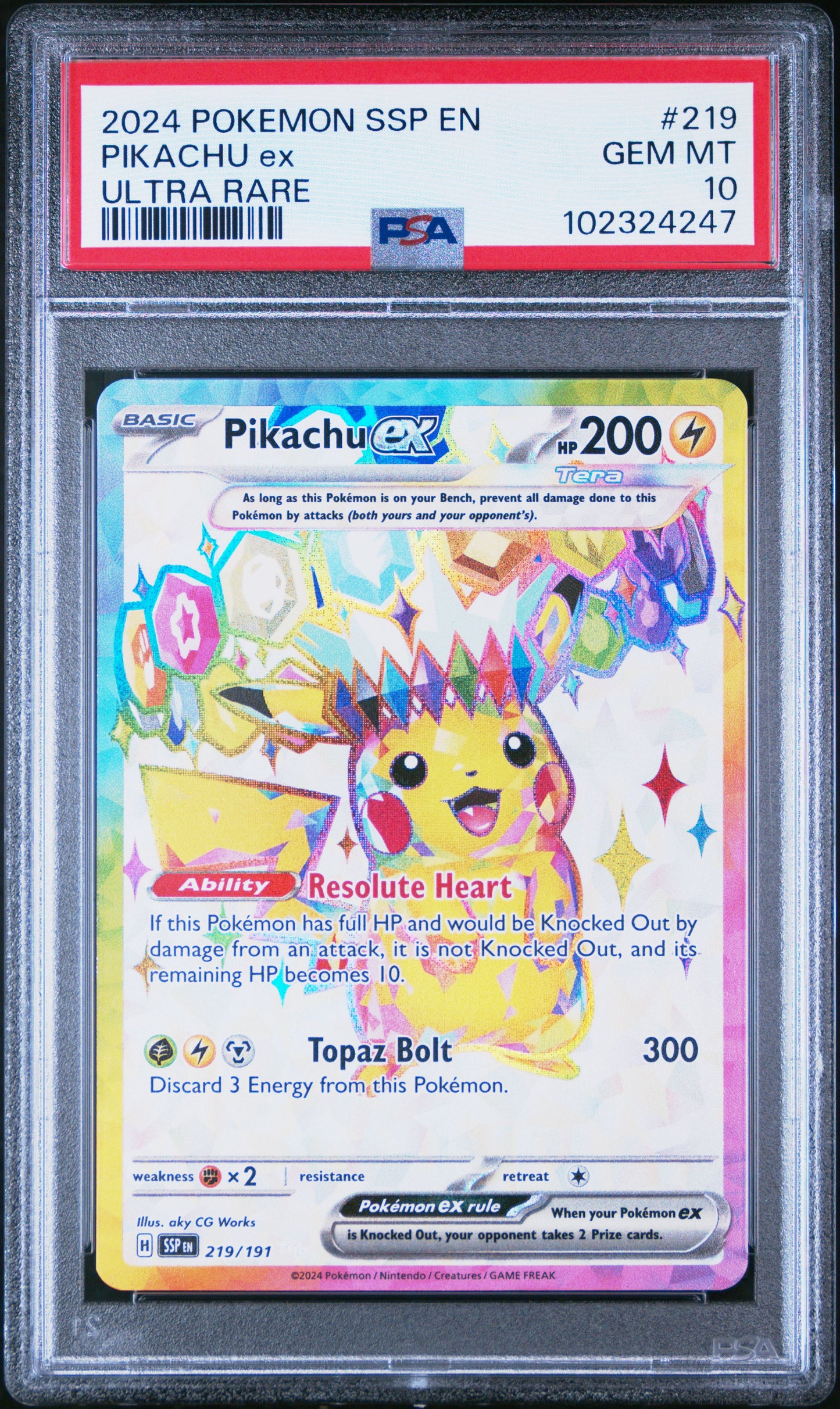 Pikachu Ex - Pokemon TCG Surging Sparks English - 219/191 - Ultra Rare - PSA 10